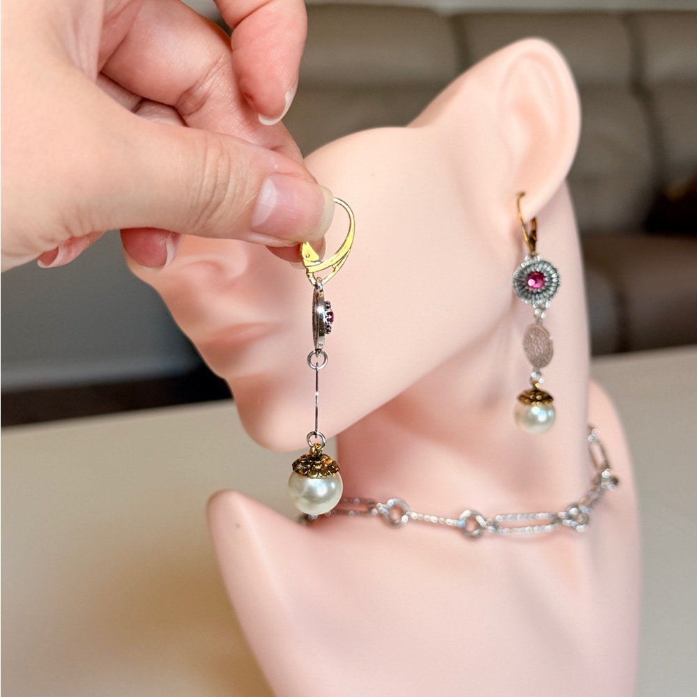 Pearl Drop Dangle Earrings with Pink Crystal Accent - Picture 7 of 9